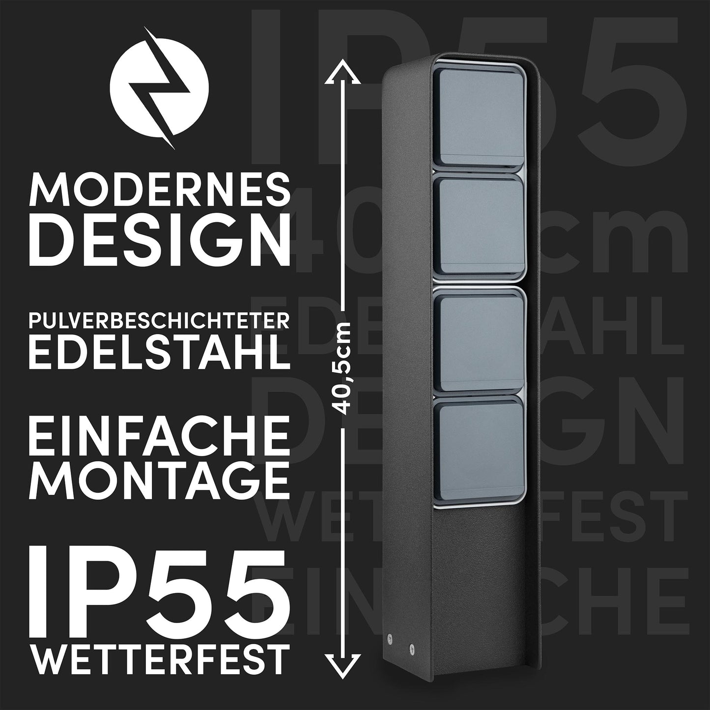 Steckdosensäule 4fach (Schwarz) | Außensteckdose wetterfest IP55, Edelstahl