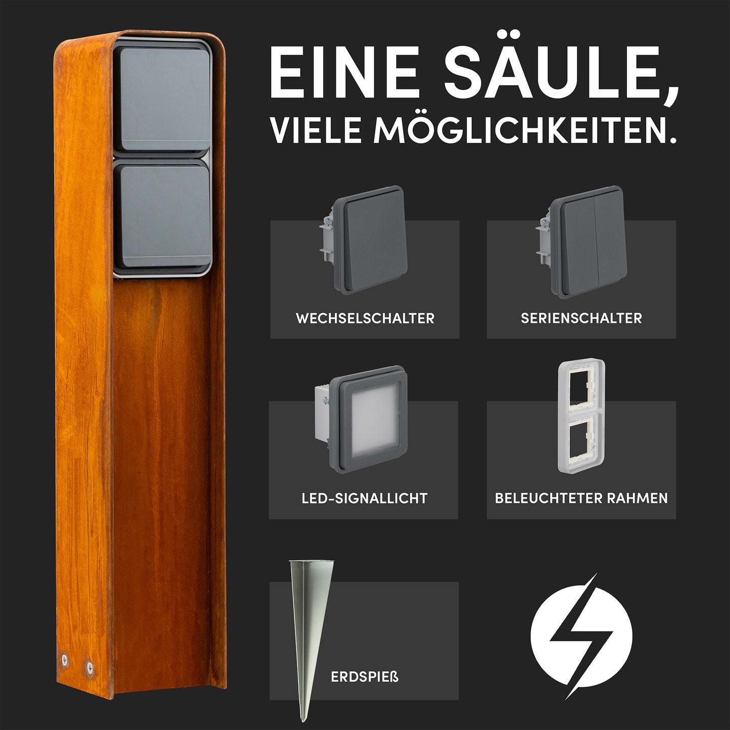 Steckdosensäule mit Erdspieß Bundle (Corten)