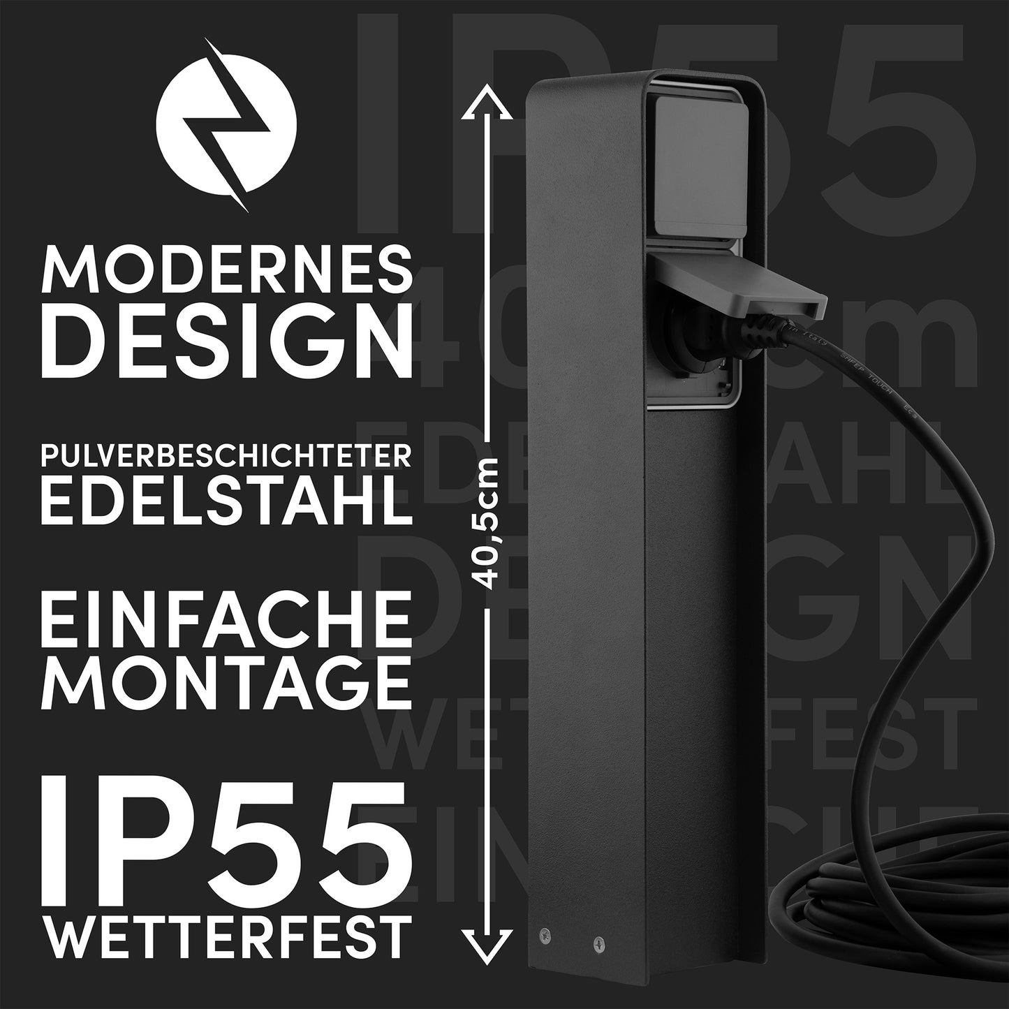 Steckdosensäule (Schwarz) | Außensteckdose wetterfest IP55, Edelstahl