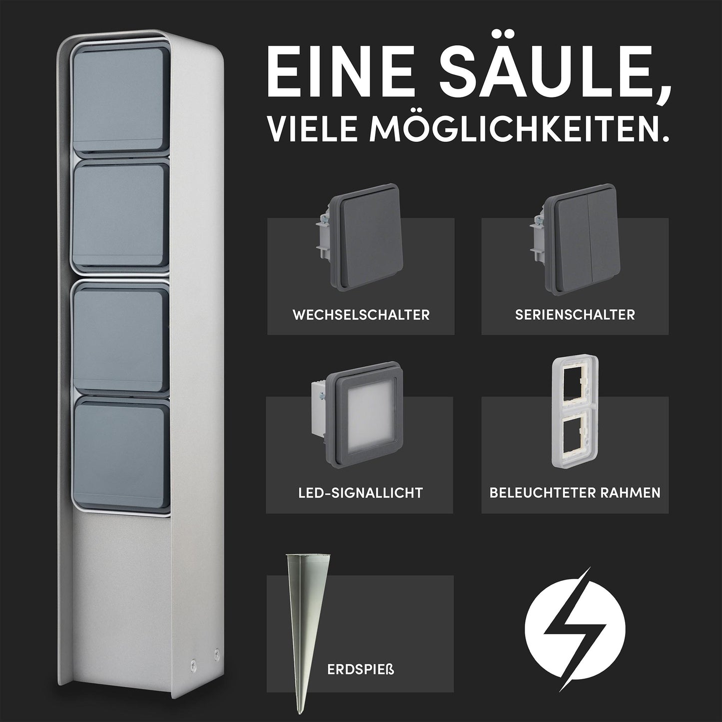 Funk-Steckdosensäule 3fach (Sandgestrahlt)