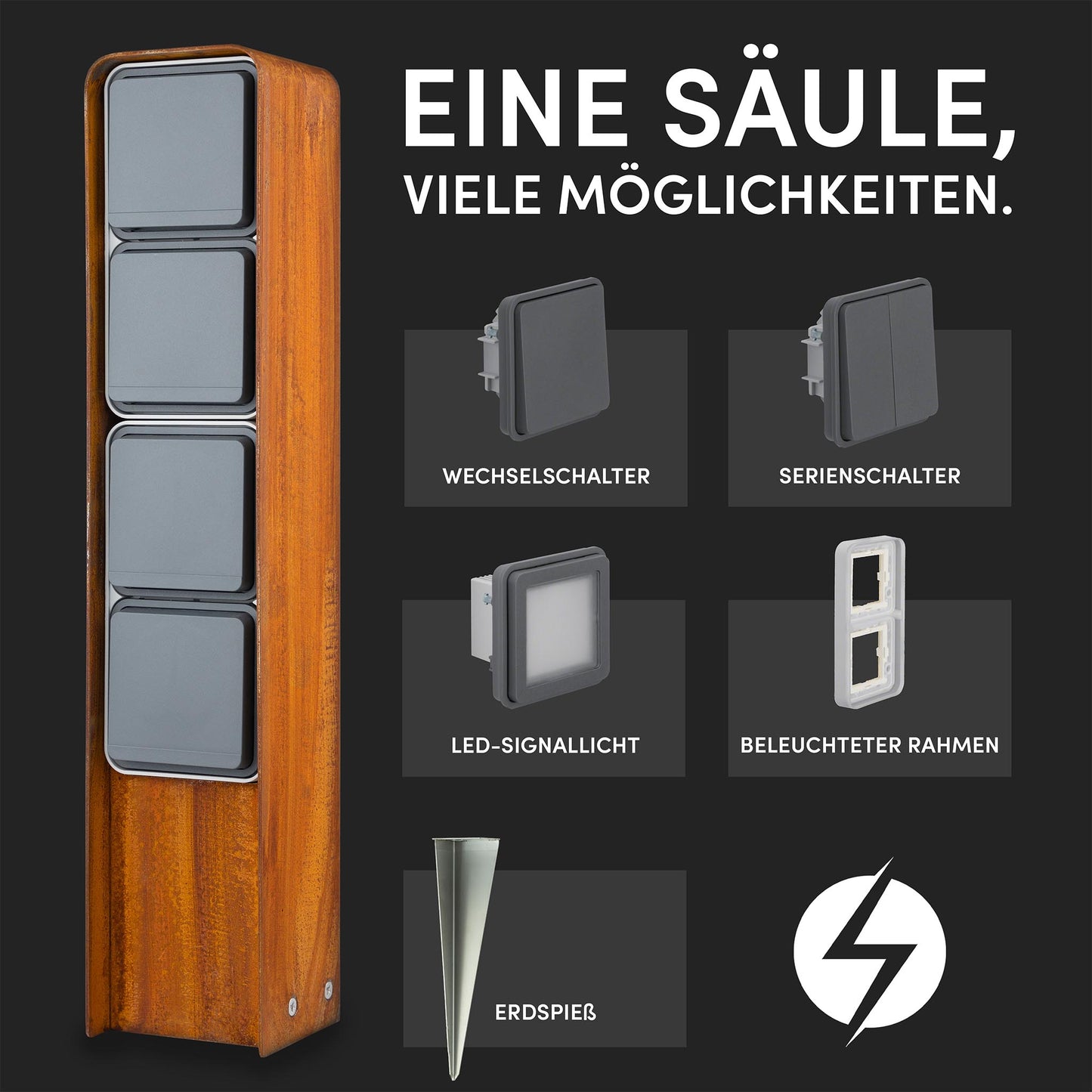 Funk-Steckdosensäule 3fach (Corten)